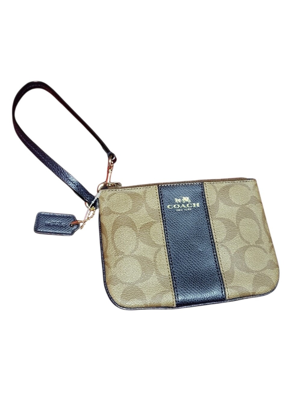 Coach Brown Signature Canvas Wristlet with Black Leather Stripe NWOT